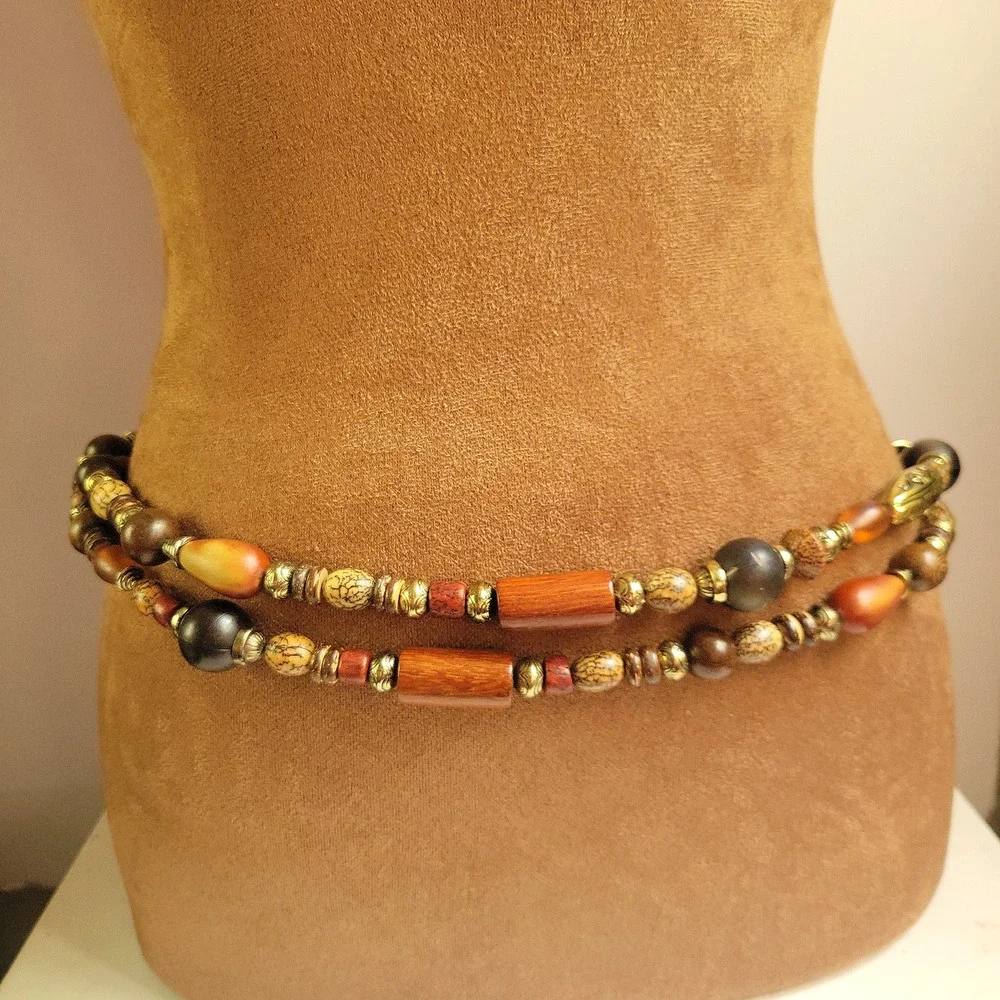 Multicolor Beaded Wood Resin Belt Necklace 38 Inch Adjustable Size EthnoCore